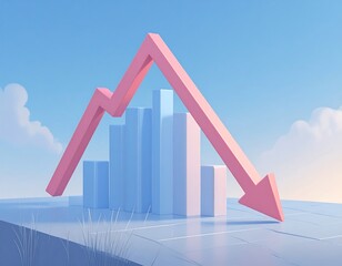 Illustration of a declining financial trend with a downward arrow over a bar graph, set against a pastel sky
