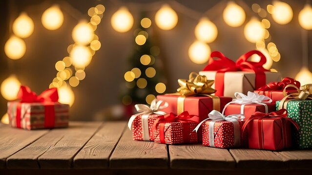 Christmas gifts on wooden table with string lights