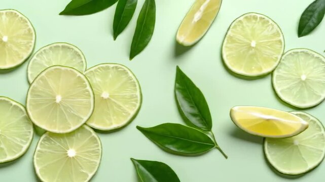 Fresh green lime slices and leaves are arranged on a light green background.