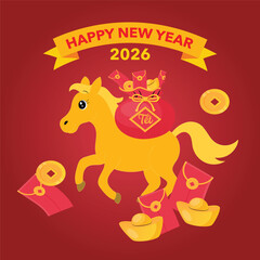 Year of the horse postcard and wealthy new year icon