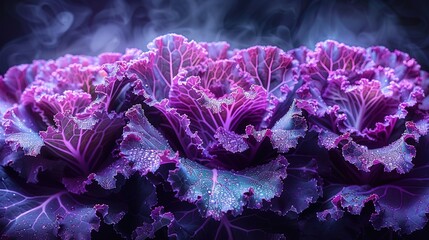 Purple kale with neon light effect on black background, high resolution high quality high detail, cinematic style