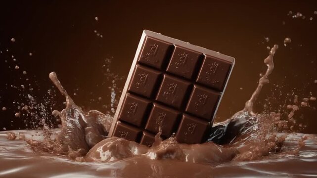 A glossy chocolate bar plunges into swirling milk, splash frozen midair?! against dark backdrop rich