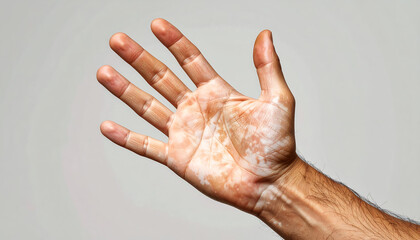 Close-up view of a human hand showing vitiligo patches, a skin condition causing loss of pigment