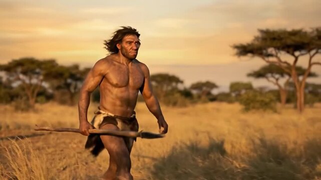 The image depicts a muscular Neanderthal man walking through a grassy field. He is holding a wooden spear and wearing animal hide clothing.