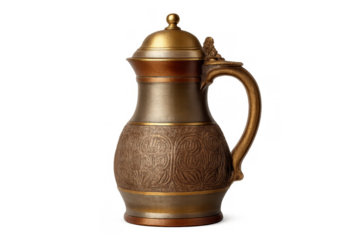 Vintage ornamental metal stein jug with lid and handle, antique brass and bronze finish, old collectible object