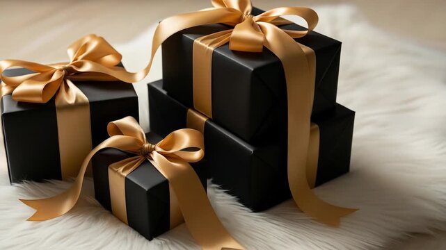 Elegant black gift boxes with shiny golden ribbons stacked on soft white fur.