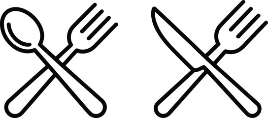 Simple line illustration of crossed cutlery including a spoon, fork, and knife on a plain white background