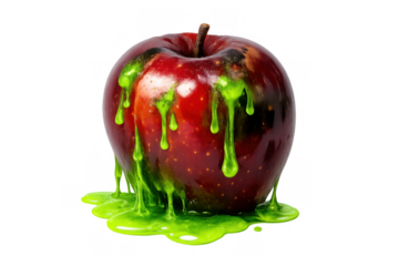 Poisoned red apple dripping toxic green slime, symbolizing danger, temptation, witchcraft and halloween concepts