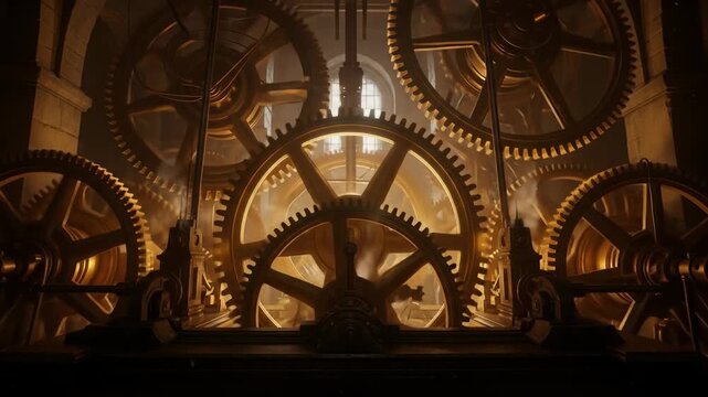 Complex clockwork mechanism with golden gears, creating an intricate and mesmerizing industrial design.