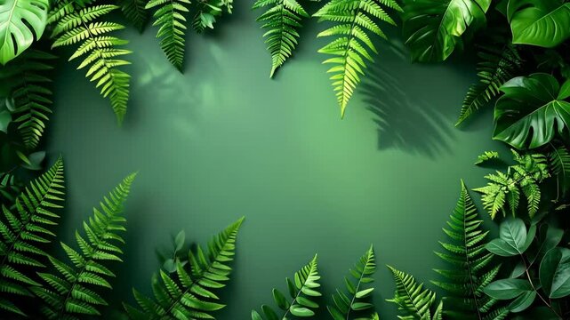Lush green foliage frames a calming, solid green backdrop, creating a natural border.