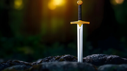 Excalibur sword standing tall on ancient rocks in mystical forest