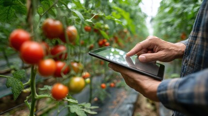 harvest, Hand using tablet phone inspecting red cherry tomato agricultural garden with concept modern technologies, agriculture, gardening