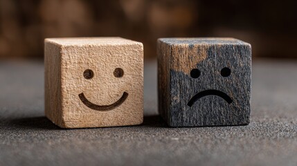 Mental health and emotional state, Smile face in bright side and sad face in dark side on wooden block cube for positive mindset selection, expression, mask, bipolar, generate by AI