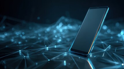 Smartphone on technology background. Neon glowing mobile phone on abstract dark background. Futuristic network connection