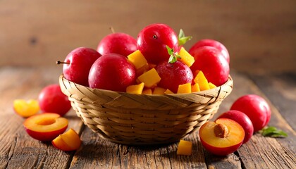 Basket of fresh red plums and cubed mango on rustic wooden surface