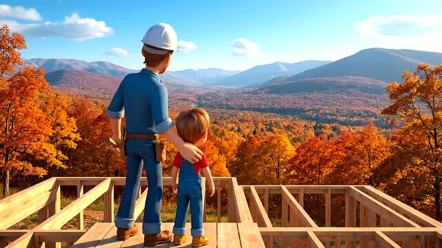 Father and son builders stand on a home construction frame, pointing towards a breathtaking autumn mountain landscape, creating a beautiful Dad Appreciation Background for their shared dreams.