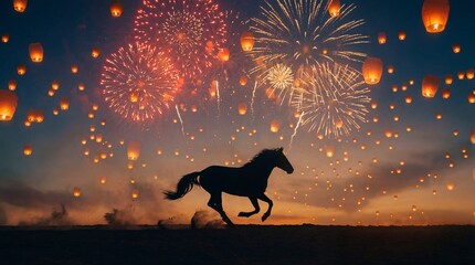Magnificent horse galloping across the horizon, silhouetted against a dramatic night sky filled with bursting fireworks and glowing traditional Chinese sky lanterns.