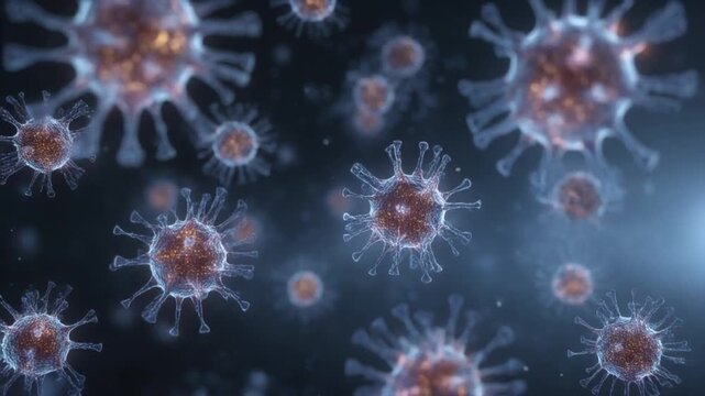 Viral particles with spiky coronas drift through a blue-lit, glowing, microcosmic field under glass