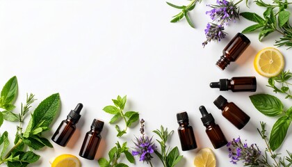 Assorted aromatherapy bottles and botanicals arranged on white surface