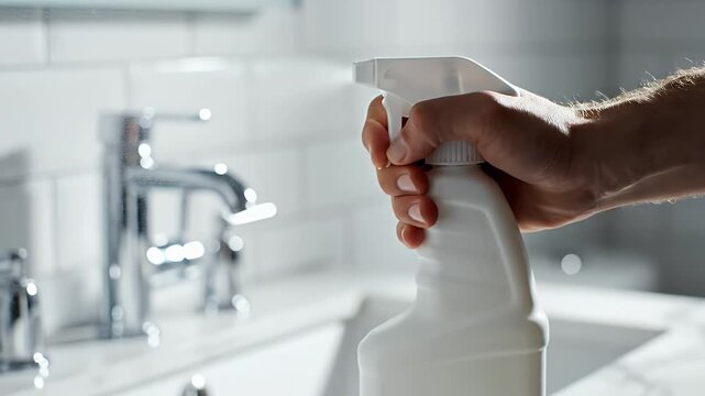 Motion Sequence of Hand Spraying Cleaner Bottle in a Bathroom Environment for Sanitization