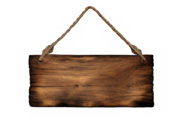 Hanging blank wooden sign with rough texture and rope, providing copy space for messages on a transparent background