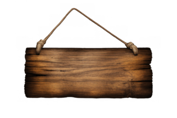 Rustic wooden sign hanging by rope, a blank weathered wood plank for text or information. Transparent background