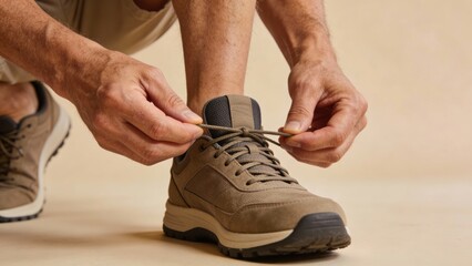 Close-up of elderly hands tying a hiking boot, active aging concept