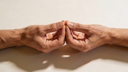 Fototapeta premium Elderly hands touching fingertips on a light background, active aging concept
