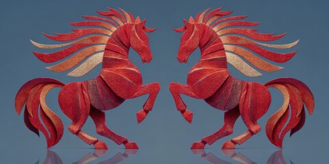Artistic Dual Red Horses with Stylized Manes on a Blue Background