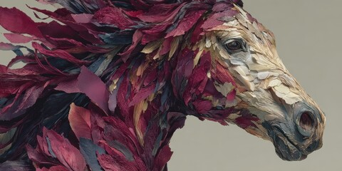 Majestic Horse Sculpture Crafted from Colorful Leaves and Natural Materials
