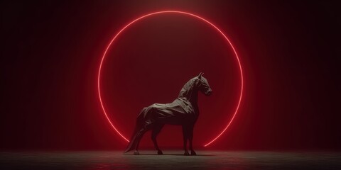 Majestic Black Horse Silhouette Against Glowing Red Circle Background