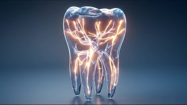 Glowing translucent tooth silhouette with fiery internal nerves, set against dark blue gradient....