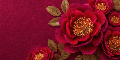 Vibrant Red Flowers with Golden Leaves on Deep Red Background for Decor