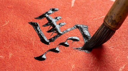 Traditional Chinese calligraphy brush writing glossy black ink characters on textured red Xuan paper. Close-up of artistic creation for Lunar New Year and spring festival.