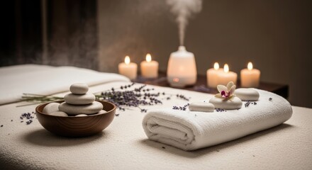 A serene spa setting with lavender, candles, and a white towel on a massage table.