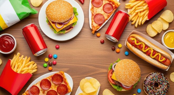 A variety of fast food items on a wooden table, including burgers, fries, pizza, and hot dogs.