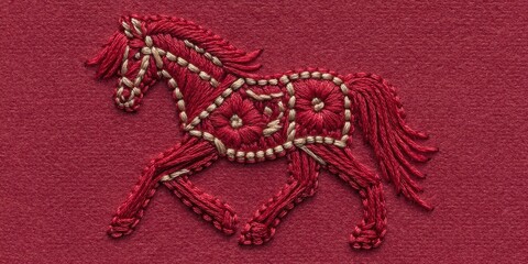 Detailed Embroidery of a Horse on Red Fabric with Unique Thread Design