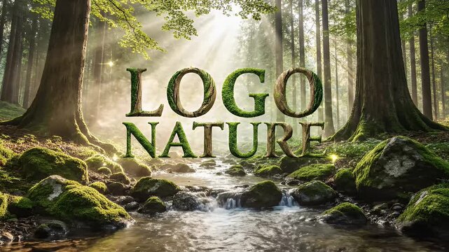 Mystical Forest Stream with Animated Nature Logo Revealing the Scene's Beauty