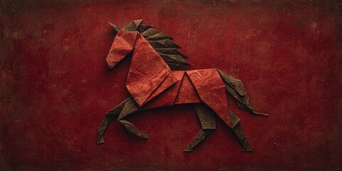 Elegant Origami Horse on Red Background with Artistic Texture