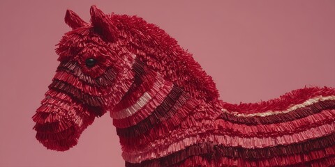 Colorful Decorative Horse Made of Paper Strips in Pink and Red Tones