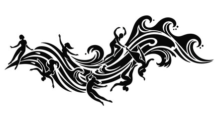 Fototapeta premium A black and white tribal-style illustration features humanlike figures intertwined with dynamic ocean waves.