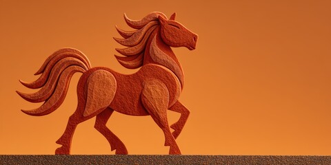 Wooden Horse Sculpture on Orange Background with Warm Textures and Shadows