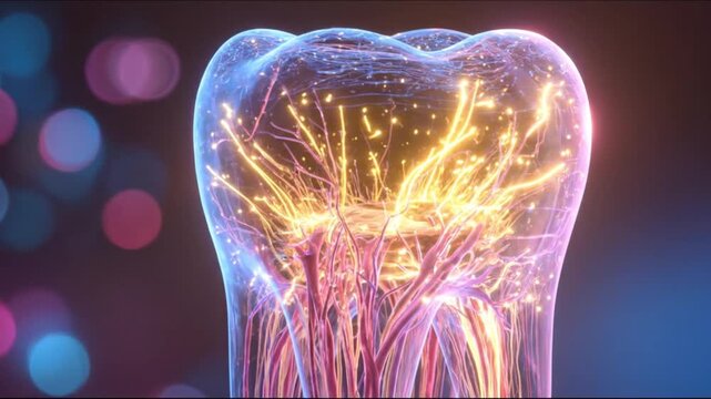 Translucent tooth glows with electric filaments, neon blue and pink, set against blurred background