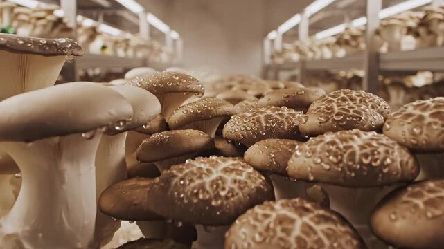 The camera slowly glides past abundant formations of cultivated fungi, showcasing the detailed textures and damp surfaces of various gourmet mushrooms growing on substrate blocks in a temperature.