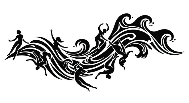A black and white tribal-style illustration features humanlike figures intertwined with dynamic ocean waves.