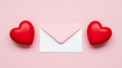 Love letter with two red hearts on pink background