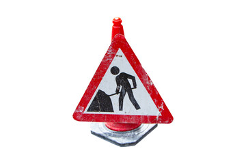 Aluminum of road work and triangle caution signs placed side road isolated on cut out PNG or transparent background. Alert construction on street. Regulatory sign for vehicular traffic.