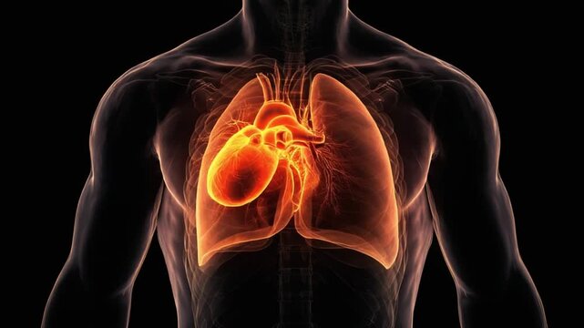 A glowing orange heart sits inside a translucent chest outlined by dark anatomical silhouettes keen