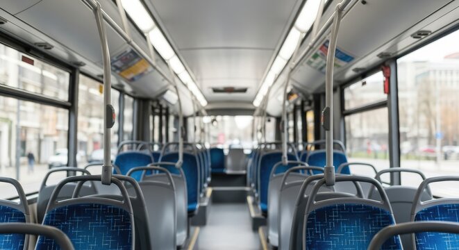 Empty bus interior with blue seats and white walls.