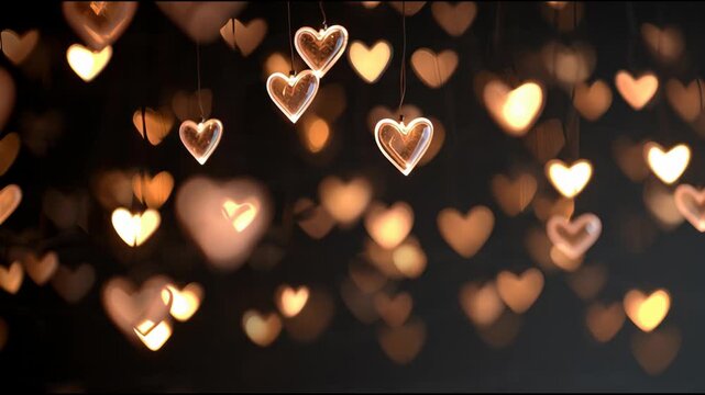 A romantic ambiance featuring glowing heart-shaped decorations suspended in the air with blurred lights in the background